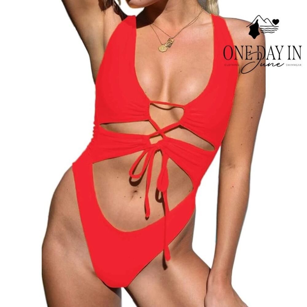 CHYRII Cutout Tie Front Cheeky One Piece Swimsuit Size L